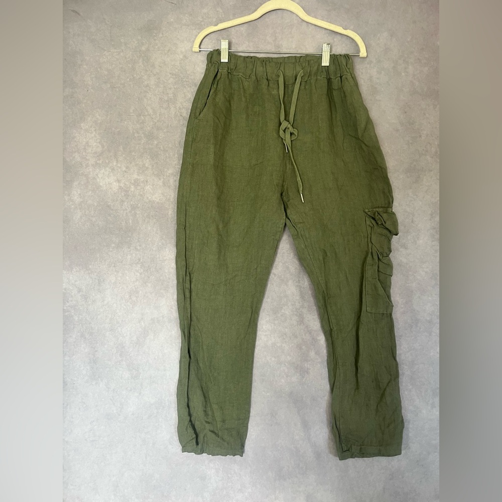 Meo Meli Women Olive Green 100% Linen Drawstring Cargo Pant One Size